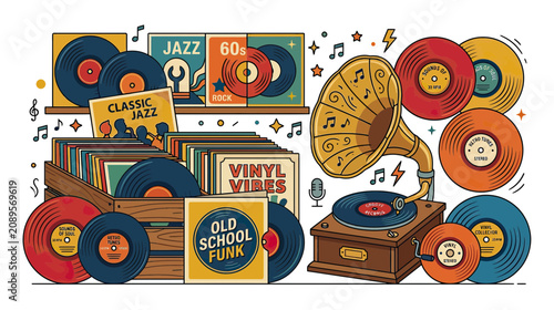 Tableau sur toile Retro Music Collection: Vinyl Records, Gramophone, and Vintage Vibes