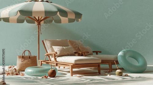 Minimalist Luxury Summer Lounge with Beach Umbrella and Sunbed