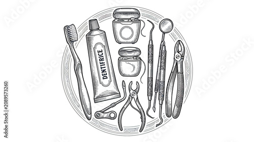 Slika na platnu Dental Hygiene Tools: Toothbrush, Toothpaste, Floss, Mirror, Scaler, Forceps, Pl