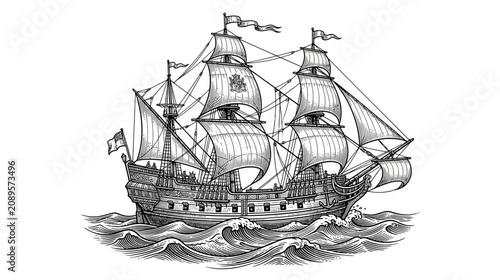 Tableau sur toile Vintage Sailing Ship Illustration - Nautical Adventure on the Sea