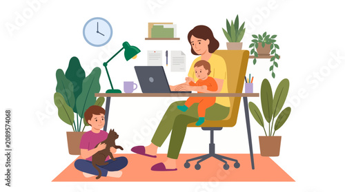 Mother working on laptop while holding baby at desk with son playing with cat on floor and green plants, representing work from home balance, illustrating multitasking lifestyle