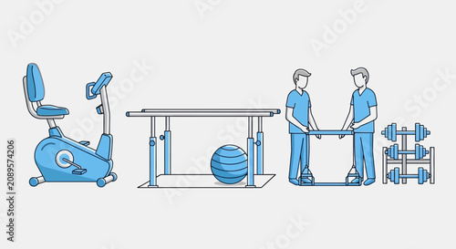 Illustrated Physical Therapy Session With Equipment And Professionals Preparing Patients