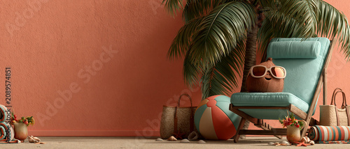 Minimalist Tropical Summer Lounge with Coconut, Palm Tree and Copy Space