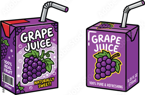 Cuadro en lienzo Purple grape juice box packaging with straw design, flat vector elements set for