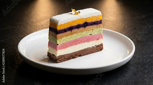 Layered dessert with gold leaf on a white plate during a studio photoshoot with soft lighting