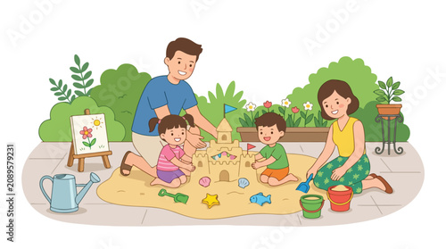 A happy family of four works together to build a detailed sandcastle in their beautiful backyard garden during a bright and sunny day.