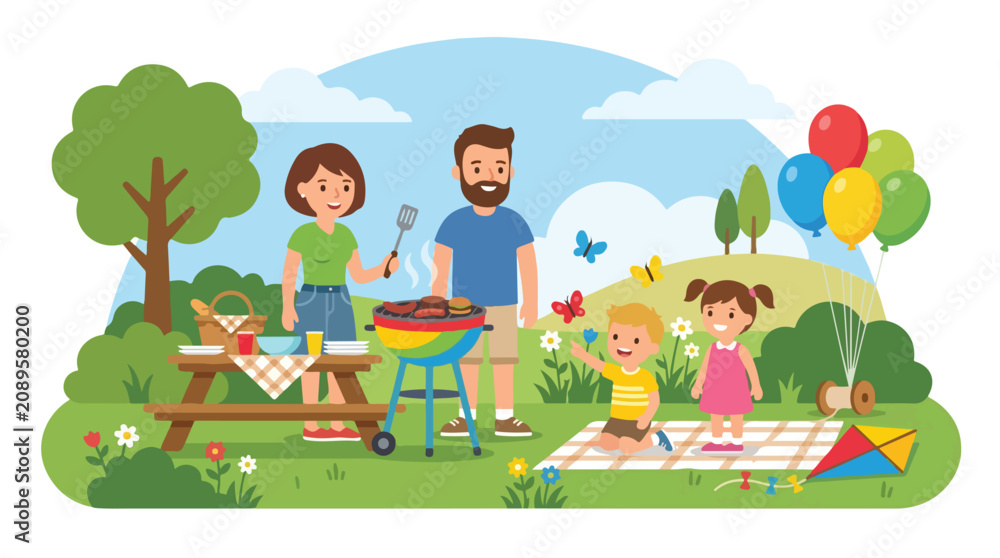Naklejka premium A happy family enjoys a sunny barbecue picnic in a lush park, with parents grilling food while their children play near balloons and a colorful kite.