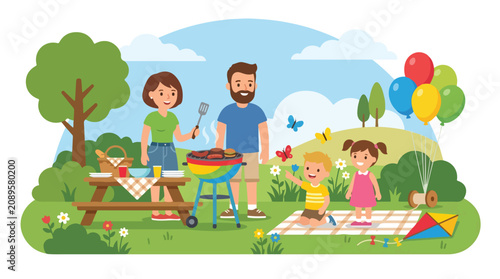 Fotografía A happy family enjoys a sunny barbecue picnic in a lush park, with parents grilling food while their children play near balloons and a colorful kite