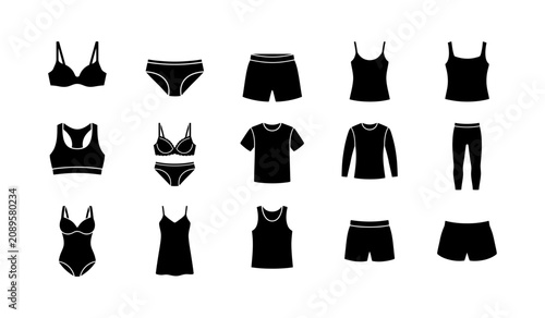 Fotografie Basic clothing and underwear silhouette icons set including bra panties shorts t-shirt tank top long sleeve shirt leggings bodysuit nightgown sports apparel for retail catalog fashion design