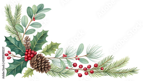 Christmas Wreath Corner: A festive corner embellishment featuring holly leaves, red berries, pine cones, and evergreen sprigs, perfect for adding a touch of winter holiday cheer to your designs.