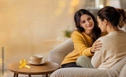 Conceito de apoio emocional Setembro Amarelo: Duas pessoas em conversa de suporte com fita amarela e espaço para texto para campanha de saúde mental.