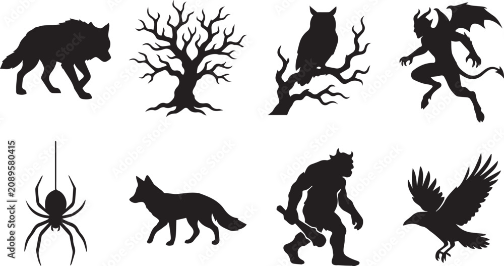 Fototapeta premium Spooky Halloween Forest Animals and Fantasy Monsters Silhouette Vector Set Featuring Wolf Gargoyle Owl and Ogre Icons