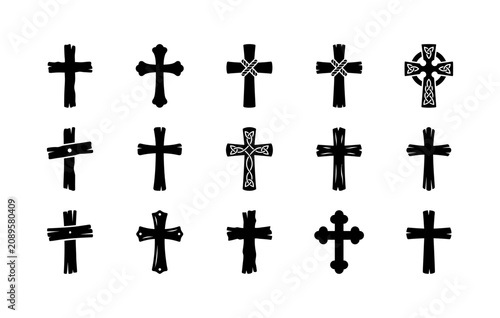 Foto Christian cross black glyph icons set on white space religion and spirituality various types of crucifixes decorative catholic and orthodox symbols of faith vector illustrations