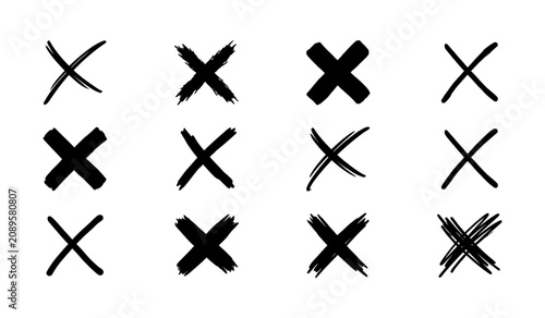 Foto Hand drawn cross mark icons collection featuring various brush stroke styles for check marks mistakes rejection cancel signs and artistic x symbols vector silhouettes isolated on white background