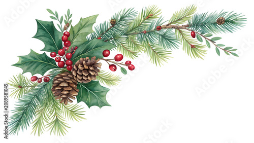 Christmas Garland Corner: A festive arrangement of evergreen branches, holly leaves, vibrant red berries, and pinecones, perfect for adding a touch of holiday cheer to any design.