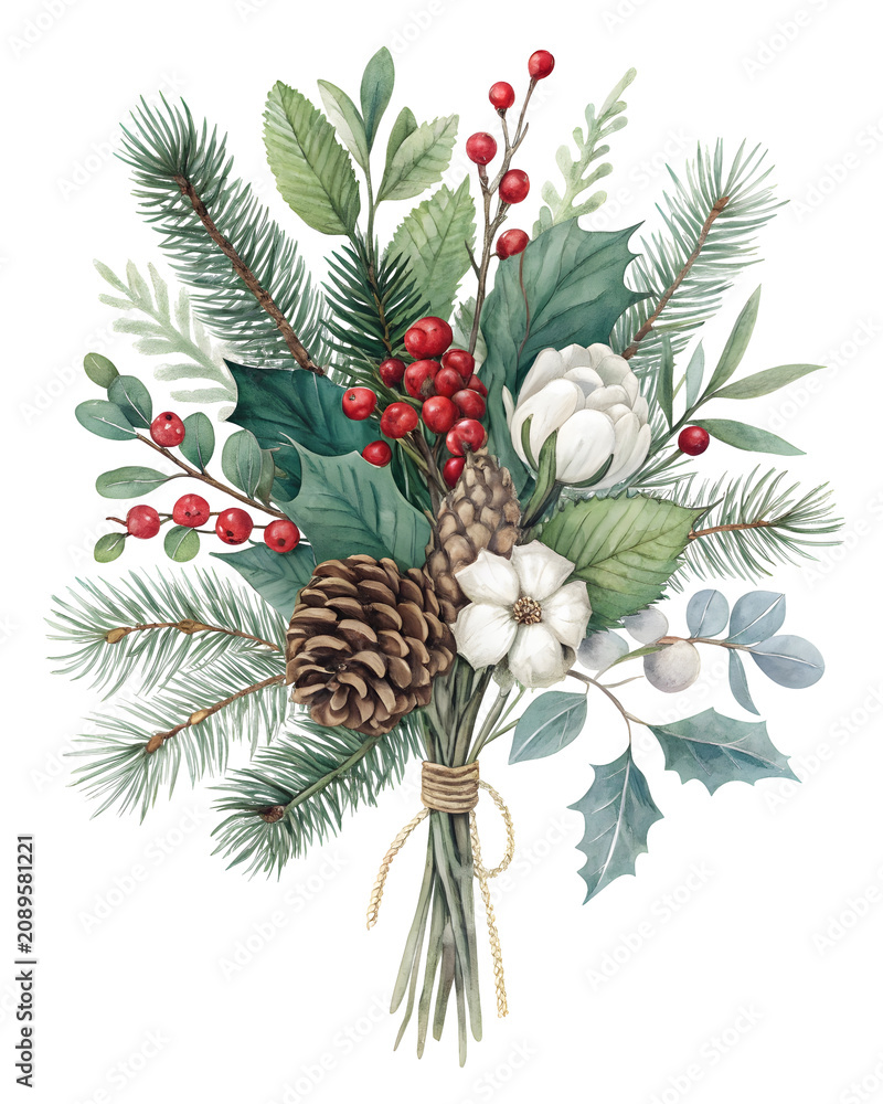 Obraz premium Festive Winter Bouquet: A charming watercolor arrangement of pine branches, holly leaves, red berries, pinecones, and cotton bolls, evoking the spirit of the winter season and holiday cheer.