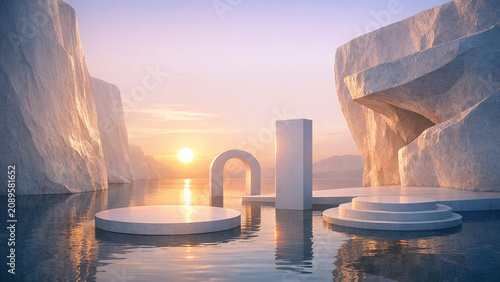 Mysterious ice island at sunset with stone sculptures reflecting on water surface.