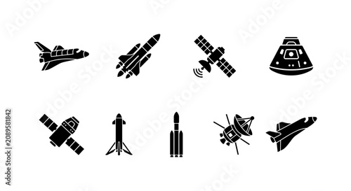 Bild auf Leinwand Space transport black glyph icons set on white space spacecrafts shuttles rockets satellites orbital stations cosmic exploration interstellar travel planet research vector illustrations