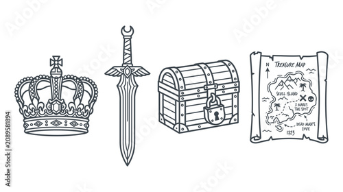 Konstfotografi Treasure Chest, Sword, Crown, and Treasure Map Icons - Fantasy Adventure Element