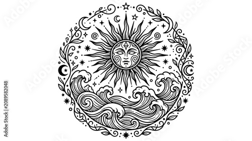 Foto Celestial Sun Face, Moon, Stars, and Ocean Waves Emblem