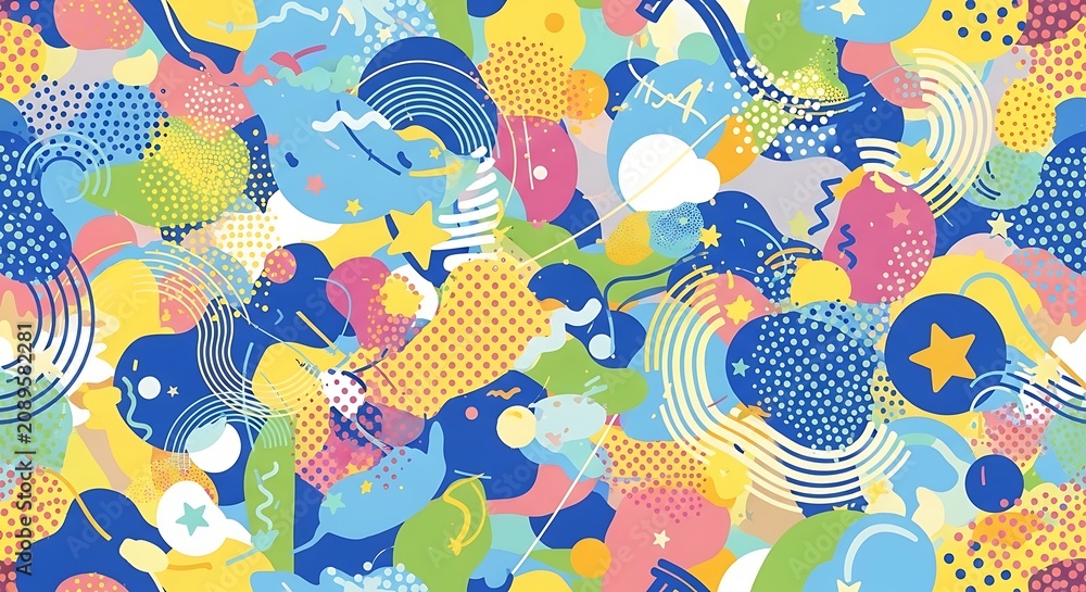 Vibrant abstract seamless pattern with geometric shapes and playful textures.