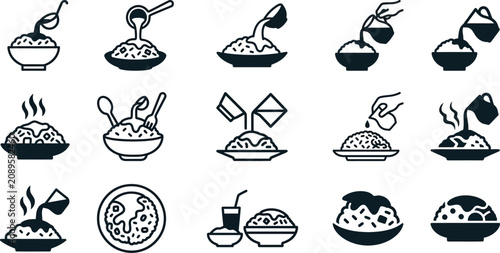 Collection of Icons Illustrating Food Preparation and Serving.