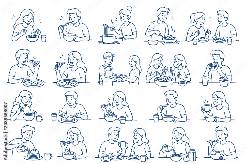 Obraz premium People Enjoying Everyday Hobbies and Leisure Activities Blue Line Illustration Set