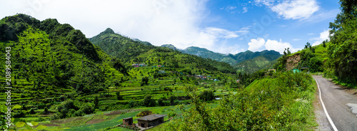 Panoramic View of Lush Green Himalayan Hills and Mountain Road in Dhanaulti, Uttarakhand, India
