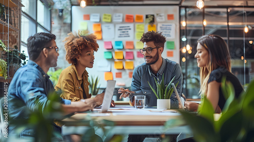 young startup team members having a casual and productive meeting around a small table in a bright co-working space filled with lush plants and sunlight streaming through large windows.