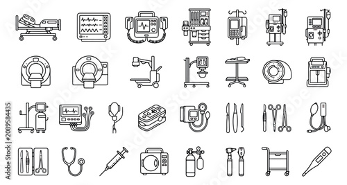 Tableau sur toile Medical equipment line icons set, hospital diagnostic tools and surgical instrum