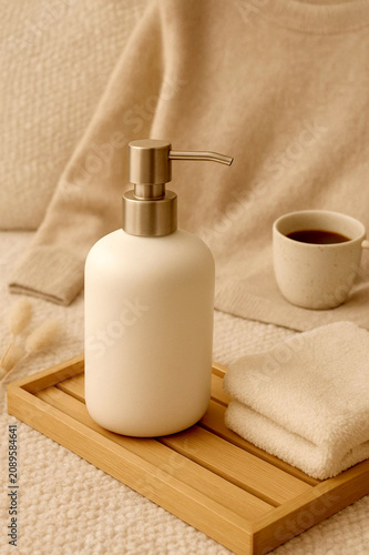 Towels and lotion containers placed in a minimal and comfortable space
