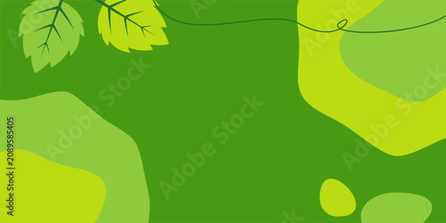 Green organic background with abstract liquid shapes, minimalist botanical banner with fresh spring leaves and copy space for eco friendly cosmetics, healthcare branding, and web design