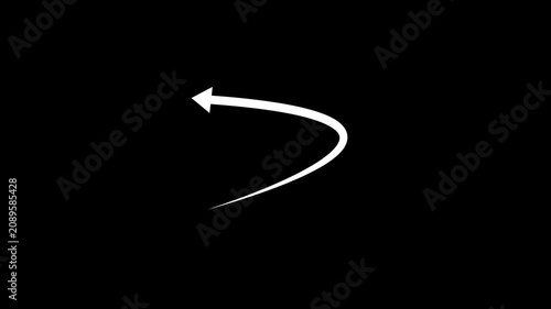 Minimalist hand-drawn curved arrow animation, white pointer on black background, doodle direction