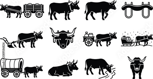 Collection of Oxen and Carts Silhouettes for Agricultural and Transport Themes.