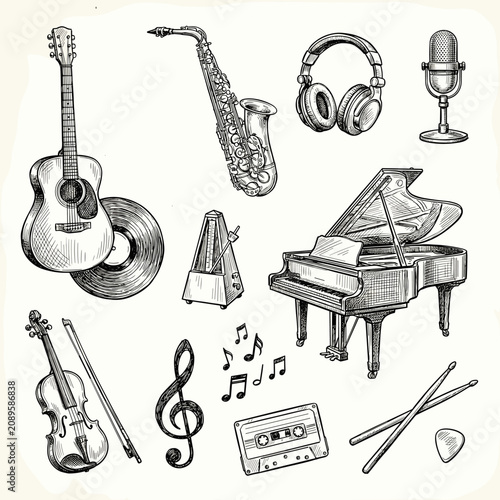 Hand drawn music instrument sketches, acoustic guitar, piano and violin on white background, black ink illustration