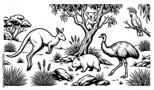 Photography Australian Outback Animals Coloring Page, Kangaroo and Koala Wildlife Vector Ill