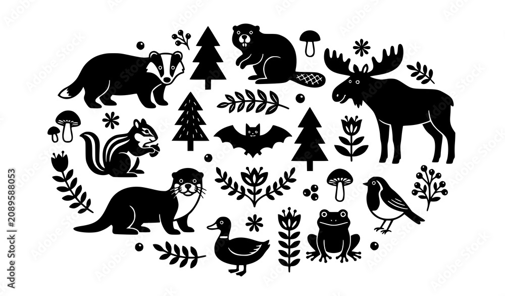 Obraz premium Nordic Woodland Wildlife Silhouette Set, Scandinavian Forest Animals Vector Elements
