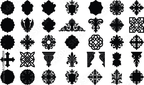 Photos Collection of vintage baroque ornaments architectural elements heraldic shields