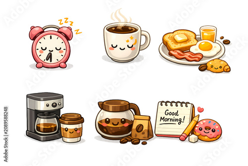 Morning coffee essentials in chibi style, morning coffee, coffee essentials, chibi style, chibi illustration, cute coffee, kawaii, cartoon, adorable, coffee cup, hot drink, breakfast, cafe, coffee bea
