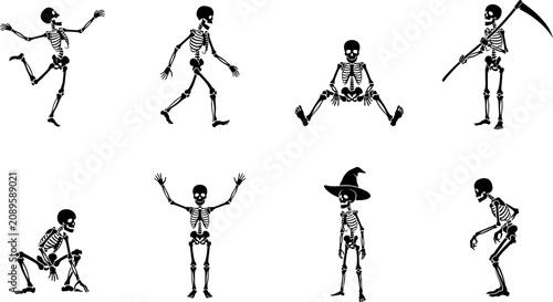 Schilderij op canvas Halloween skeleton silhouettes vector set featuring spooky dancing walking crouc