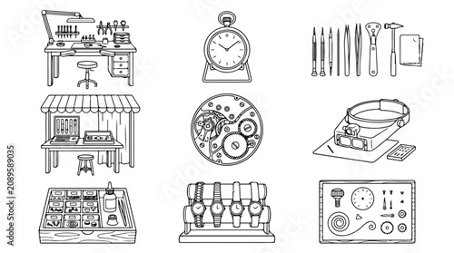 Foto Watchmaker workshop line art icons, professional watch repair tools and equipmen