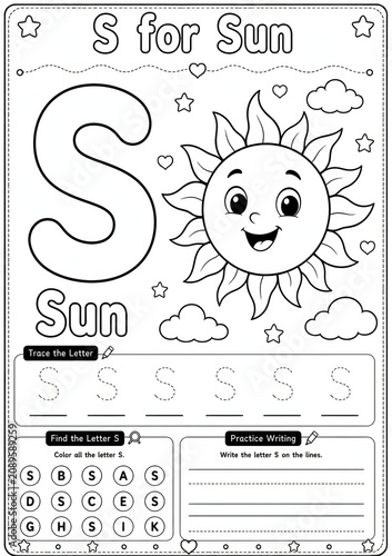 Cuadro en lienzo Alphabet learning worksheet for letter s for sun with tracing and writing exerci