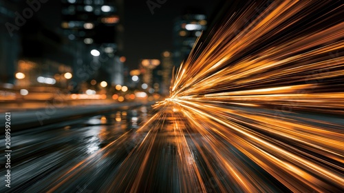 Streaking lights in an urban nightscape, conveying rapid motion and energy