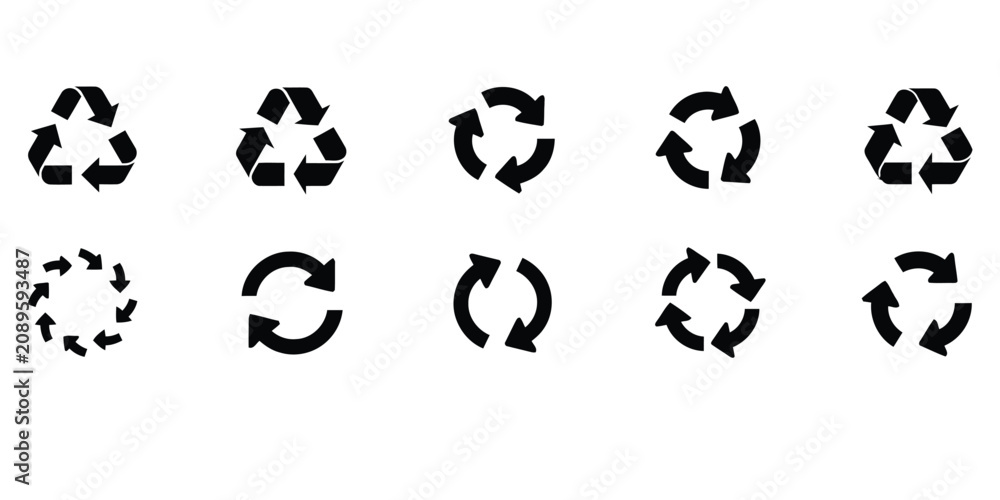 Fototapeta premium Recycle and arrow icon set, circular motion and loading symbols, sustainable waste management vector