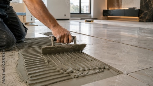 Worker spreading ceramic tile adhesive evenly across modern luxury interior flooring surface