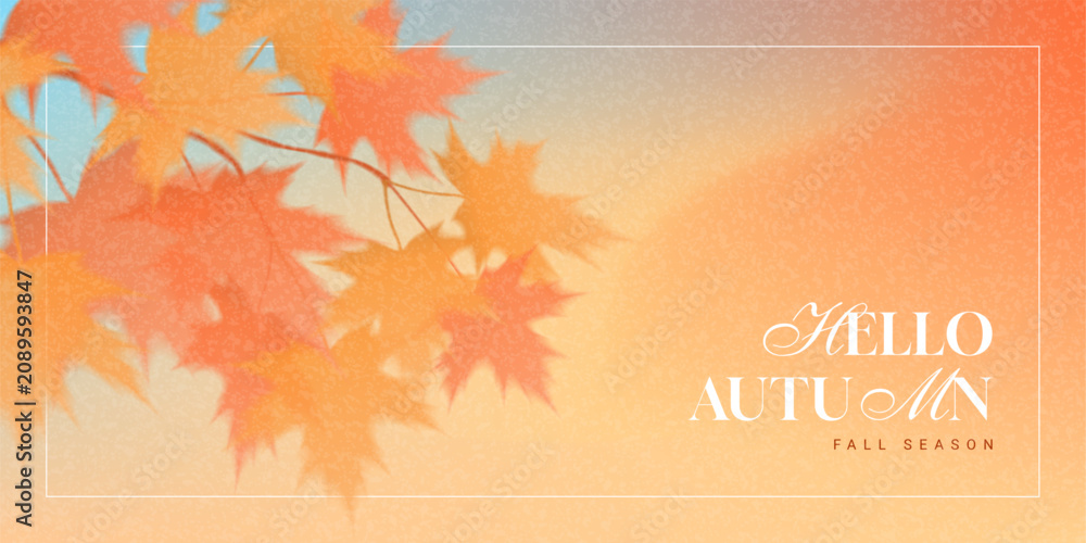 Naklejka premium Abstract autumn gradient banner. Vector autumn background with orange foliage of maple for decoration seasonal sale, advertising, branding, promotion, cards. Trendy gradient card. Fall season.
