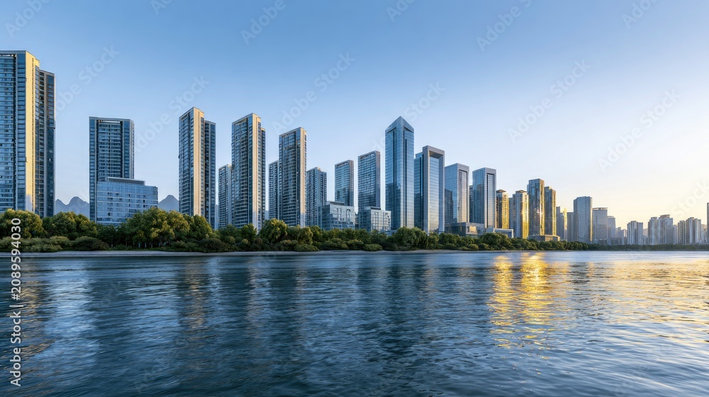 Fototapeta premium Modern city skyline at sunrise with reflections on calm water