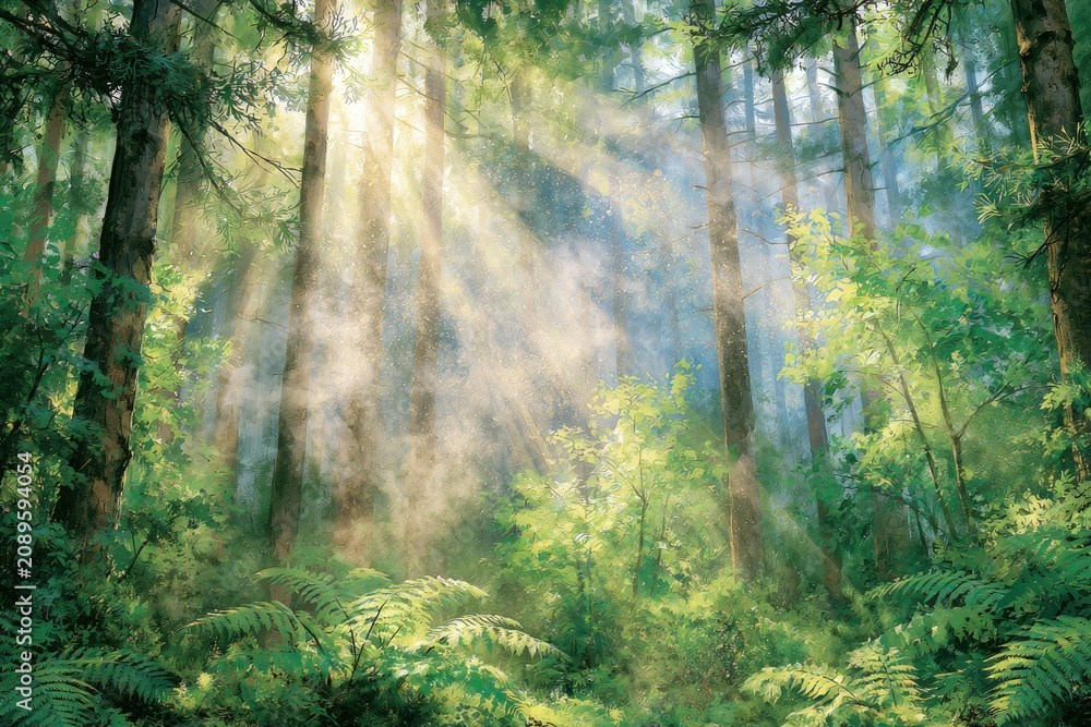 Obraz premium Sunbeams pierce misty green forest canopy, illuminating ferns