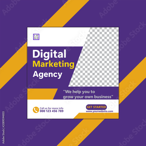 Digital marketing agency square social media template with purple and yellow colors and a placeholder grid