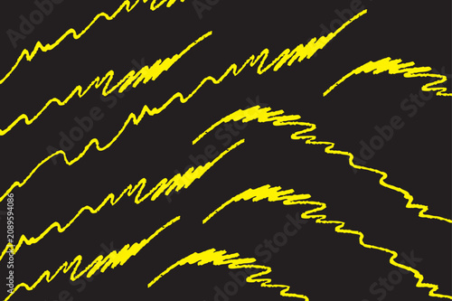 Yellow zigzag scribble lines on a black background, abstract hand drawn pattern with repeating sharp angular strokes